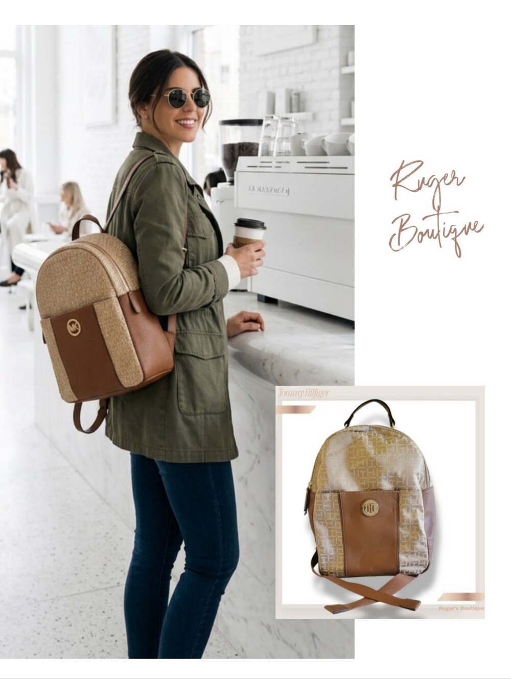 🌿Tommy Hilfiger Women's Logo Jaquared Dome Tan & Brown Backpack